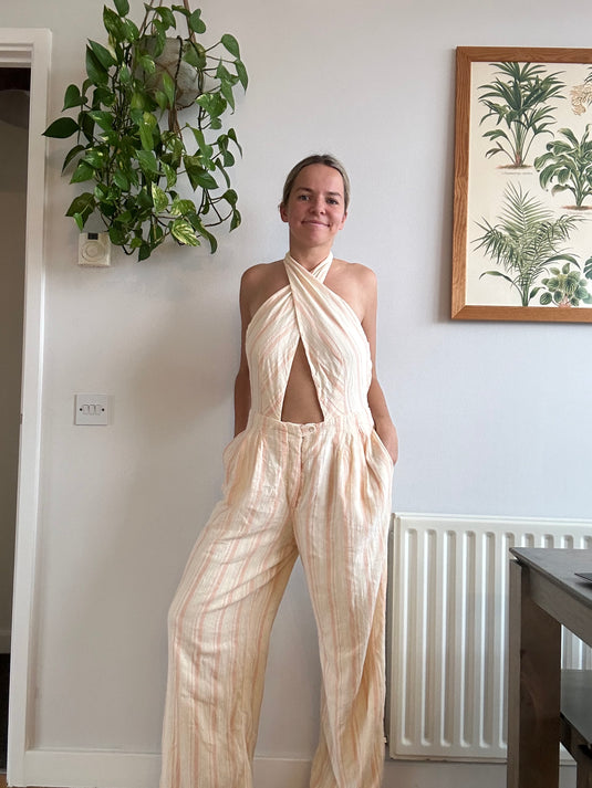 Pinstripe Cotton Cut-Out Jumpsuit, Size 10