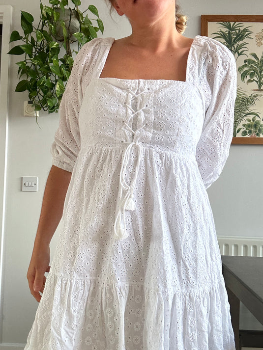 White Summer Cotton Dress, Size 8