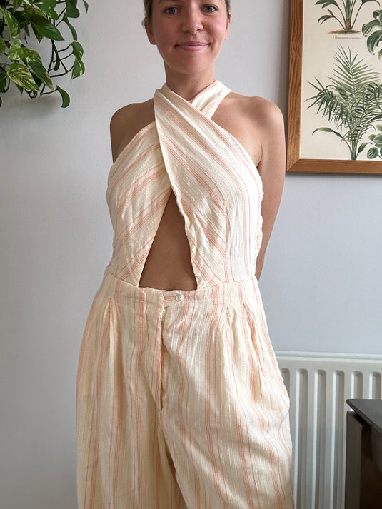 Pinstripe Cotton Cut-Out Jumpsuit, Size 10