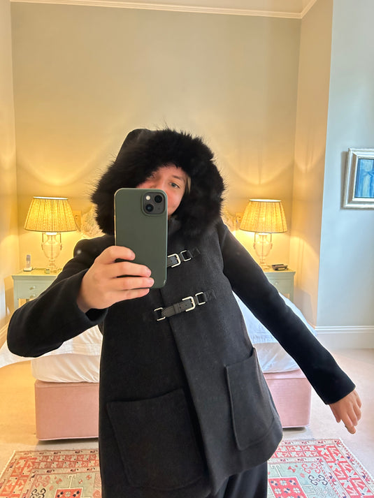 Black duffle coat with fur hood online