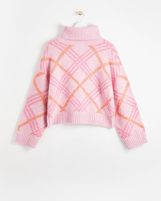 Check Roll Neck Pink Knitted Jumper, Size 6