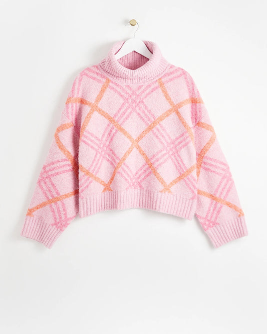 Check Roll Neck Pink Knitted Jumper, Size 6