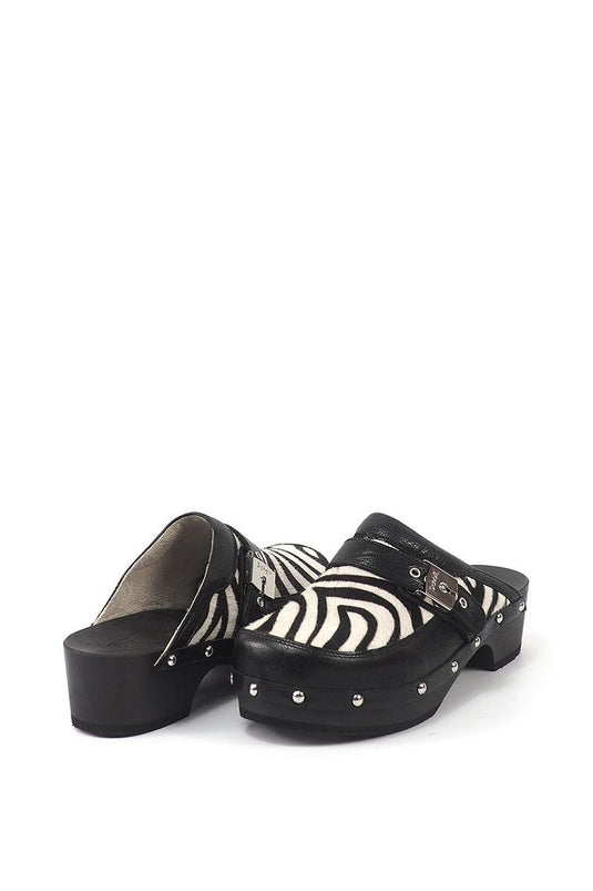 'Pescura Clog' Zebra Leather & Wooden Sandal, Size 4